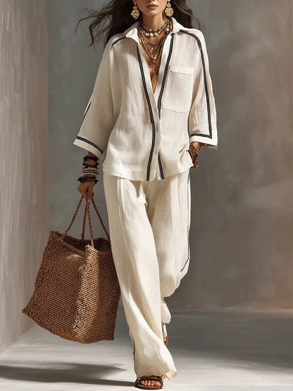 Striped Decorative Shirt and Wide-Leg Pants Set