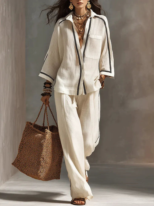Striped Decorative Shirt and Wide-Leg Pants Set