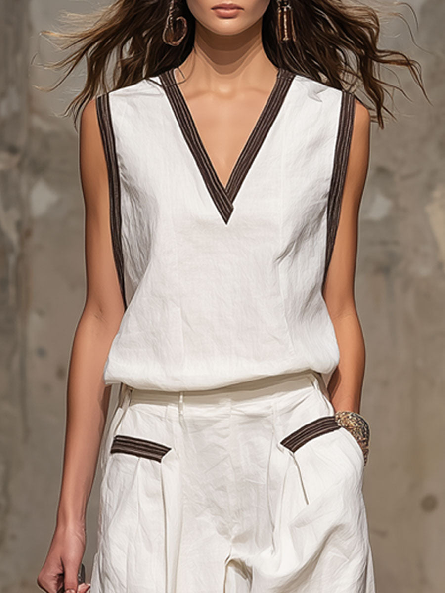 Casual Retro Brown-Trimmed White Cotton Linen Sleeveless Top and Pants Set