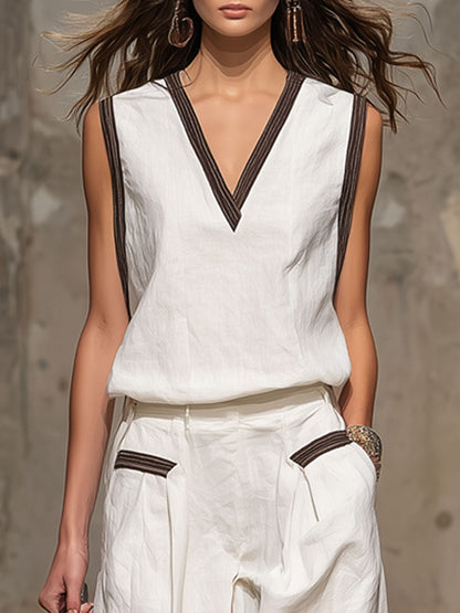 Casual Retro Brown-Trimmed White Cotton Linen Sleeveless Top and Pants Set