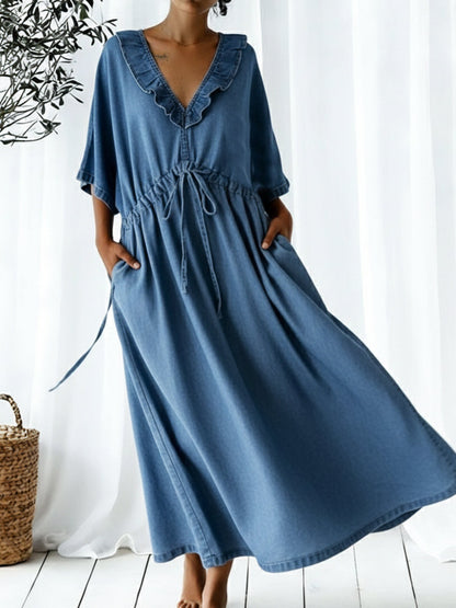 Casual Retro Ruffled Collar Loose Denim Dress