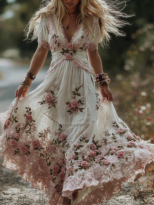 Vintage Floral Embroidery Art Comfy Linen Maxi Dress