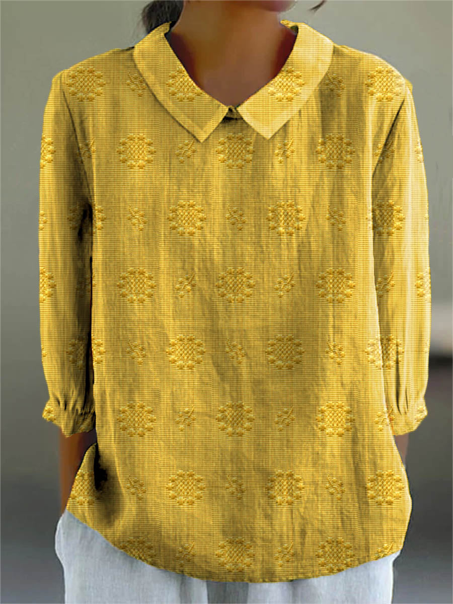 Vintage Floral Art Print Casual Cotton and Linen 3/4-Sleeve Shirt