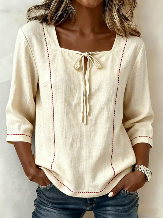 Square-Neck 3/4-Sleeve Loose-Fit Cotton-Linen Top