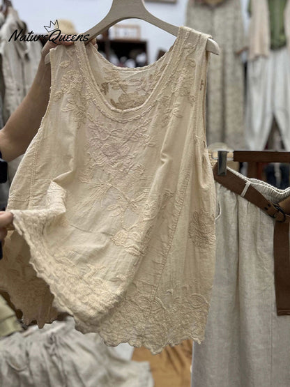 Vintage Lace Sleeveless Cotton and Linen Vest Top
