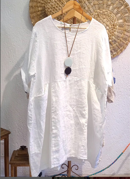 Linen and Cotton Round-Neck Dress