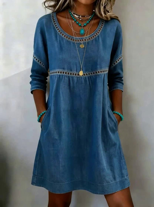Vintage-Style Lace-Trimmed Cotton Denim Casual Dress