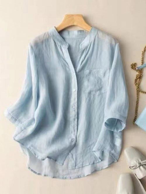V-Neck Solid Color 3/4-Sleeve Casual Linen Cardigan Shirt