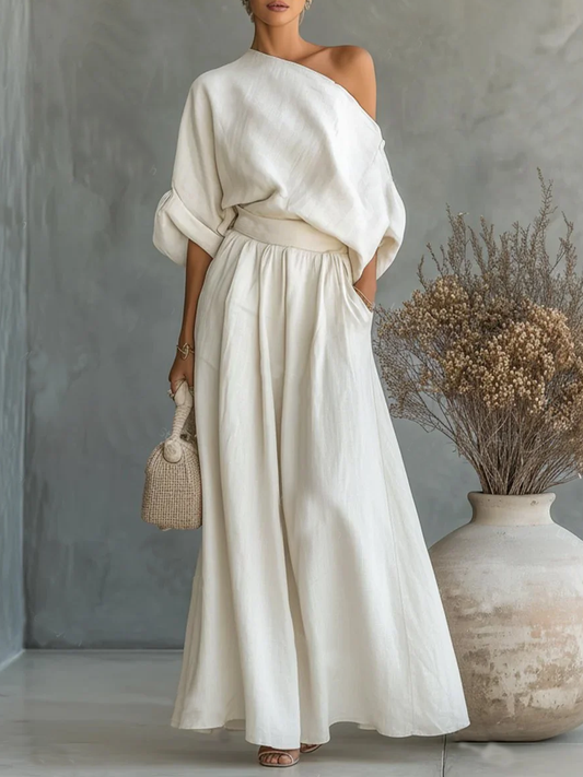 Elegant Off-the-Shoulder Shirt and Wide-Leg Pants Two-Piece Set