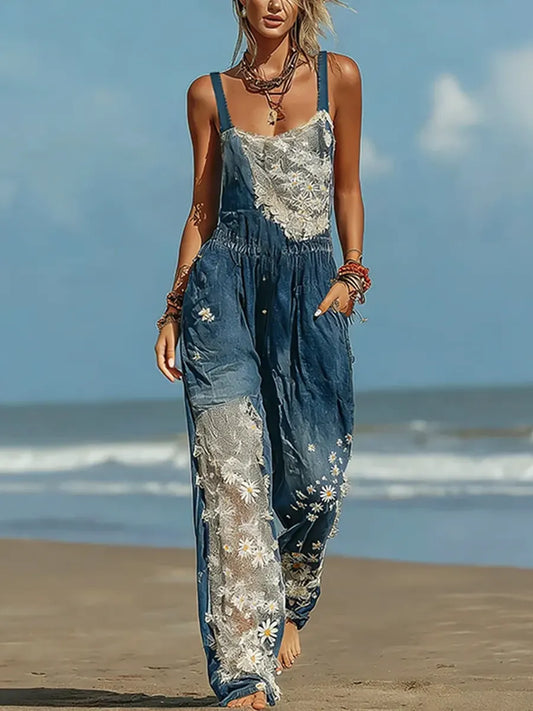 Retro Boho Ethnic Daisy Lace Floral Patchwork Casual Denim Jumpsuit