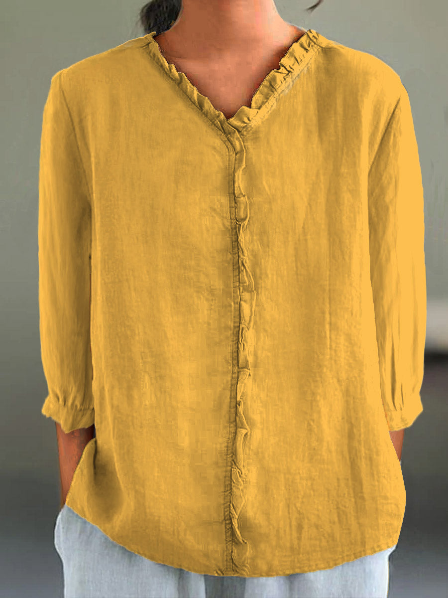 Casual Cotton and Linen Ruffle Collar 3/4-Sleeve Shirt