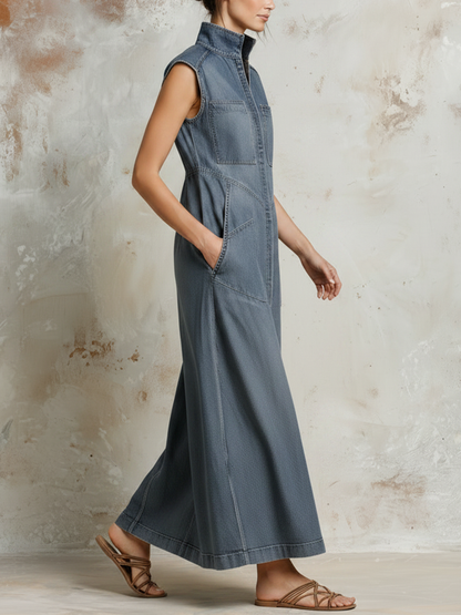 Sleeveless Stand Collar Denim Maxi Dress with Patch Pockets