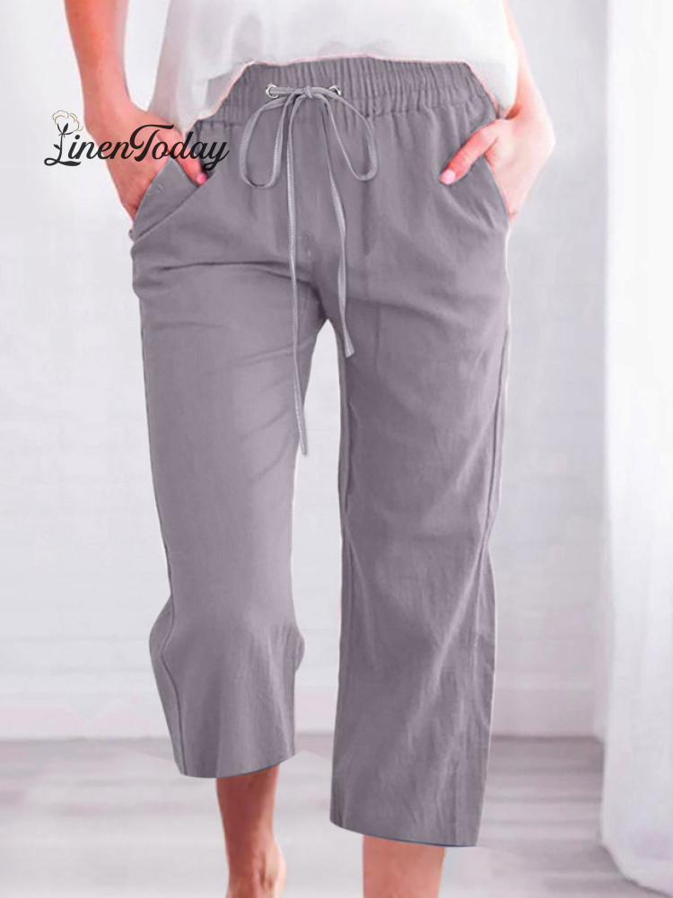 Casual Summer Linen Pants High-Waisted Loose Yoga Sweatpants Crop Pants with Pockets