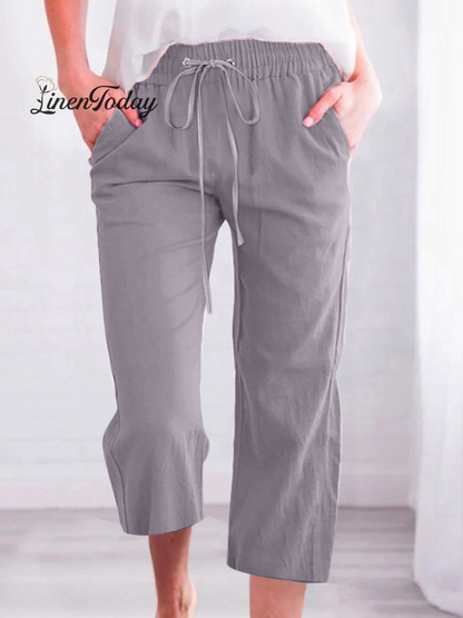 Casual Summer Linen Pants High-Waisted Loose Yoga Sweatpants Crop Pants with Pockets