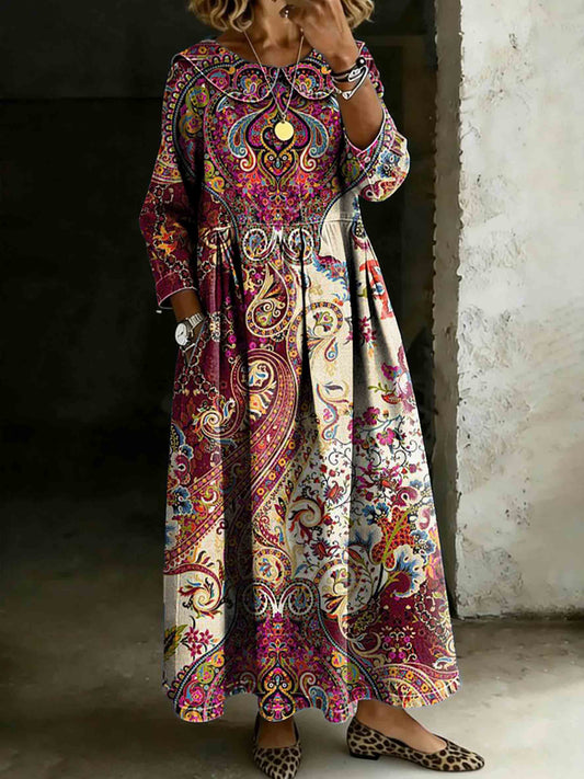 Vintage Paisley Art Print Lapel Collar Pleated Long-Sleeve Casual Loose Denim Dress