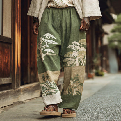 Men's Retro Japanese Tree Print Linen Casual Pants