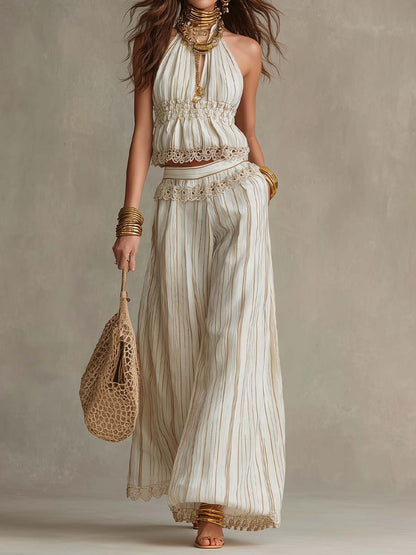 Bohemian Lace-Trimmed Halter Top and Wide-Leg Pants Set