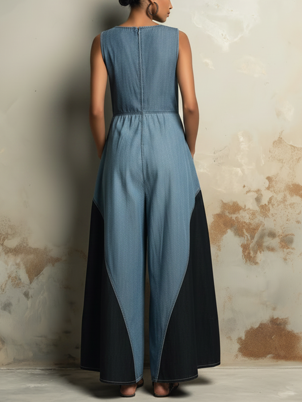 Two-Tone Denim Sleeveless Wide-Leg Jumpsuit