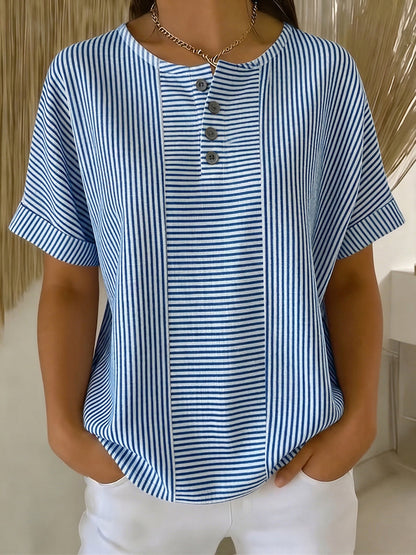 Artistic Cut Striped Cotton-Linen Shirt Blouse