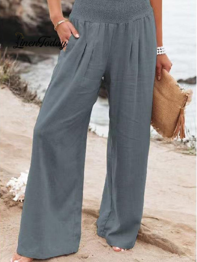 Cotton and Linen Waist-Waisted Wide-Leg Pants