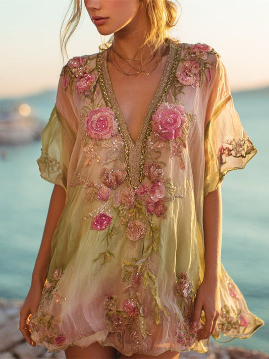 Vintage Boho Floral Embroidery Gradient V-Neck Loose Mini Dress