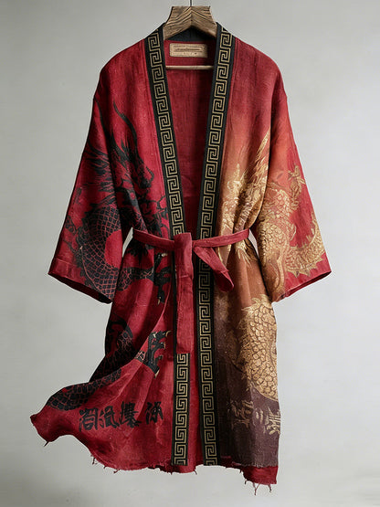 Japanese Calligraphy and Dragon Art Combined in a Linen Blend Kimono