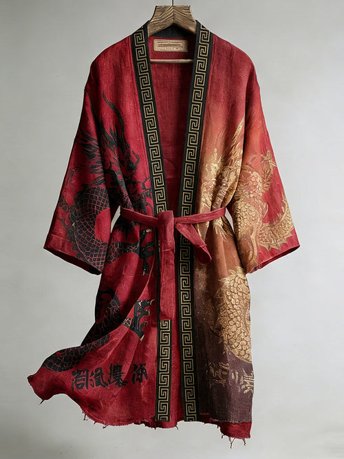 Japanese Calligraphy and Dragon Art Combined in a Linen Blend Kimono