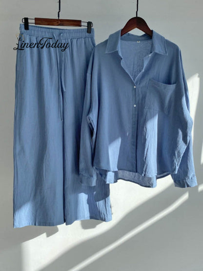 Solid Color Loose Elegant High Waist Casual Cotton and Linen Suit