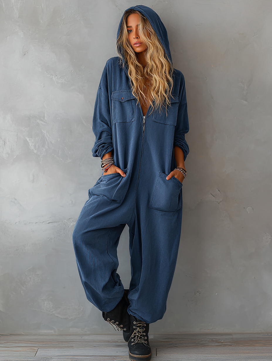 Hooded One Piece Denim Jumpsuit