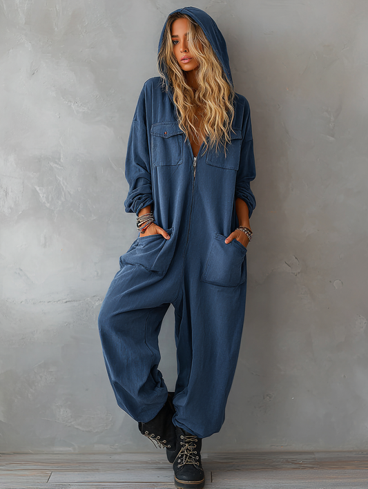 Hooded One Piece Denim Jumpsuit