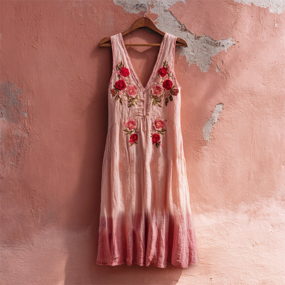 Boho Floral Embroidered Linen Vest Midi Dress