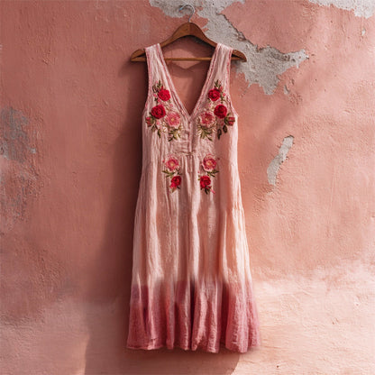 Boho Floral Embroidered Linen Vest Midi Dress