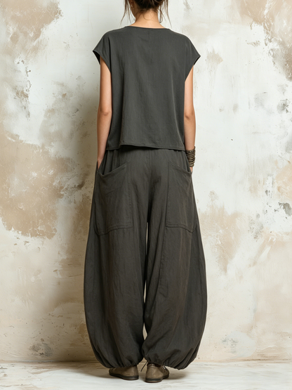 Dark Grey Oversized Linen Blend Harem Pants and Cap Sleeve Top Set