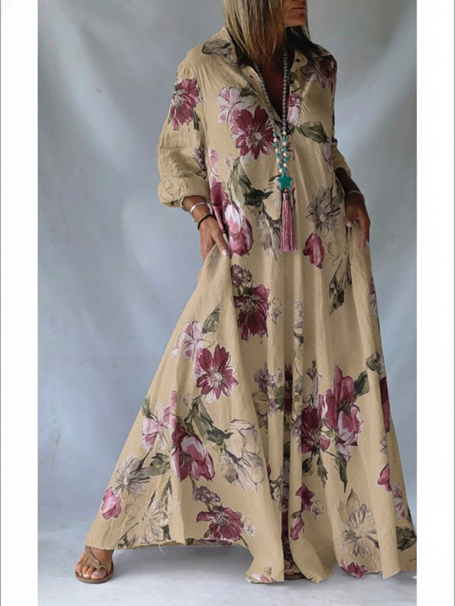 Loose-Fitting Casual Linen and Cotton Floral Print Shirt Dress