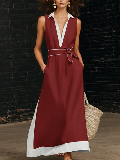 Retro Color-Blocked Lapel Maxi Dress with Belt