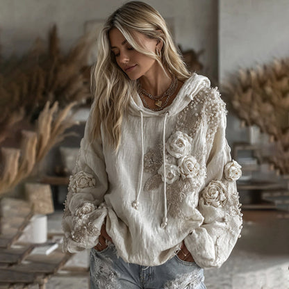 Vintage White Floral Art Casual Warm Hoodie
