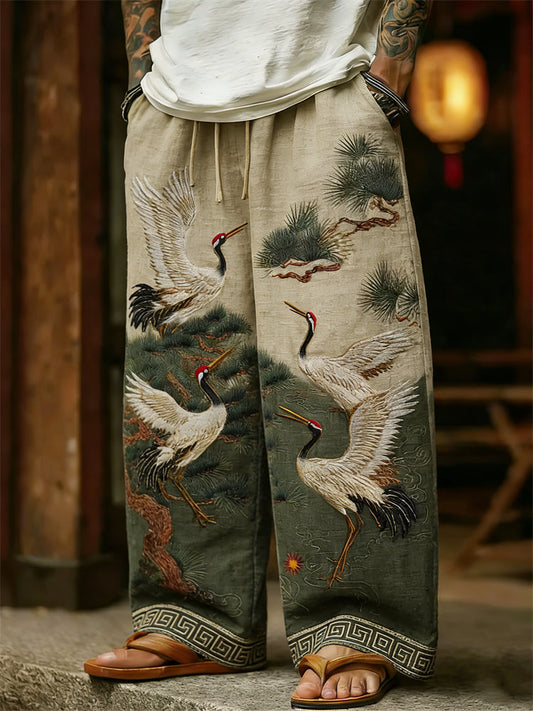 Men's Cranes and Pine Trees Japanese Art Linen Pants
