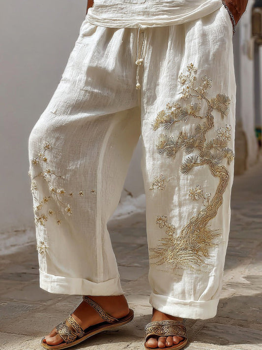 Men's Japanese Pine and Cherry Blossom Casual Linen Pants