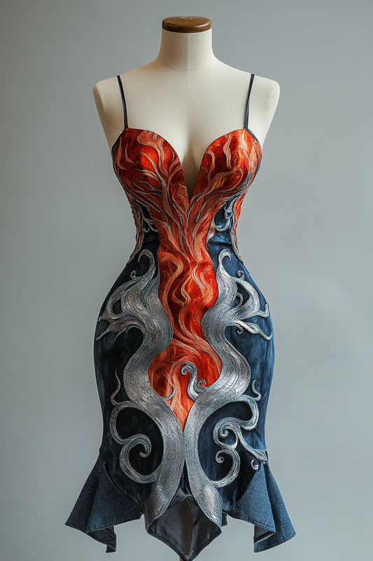 Summer Vacation Handmade Tight Red and Blue Dress B111