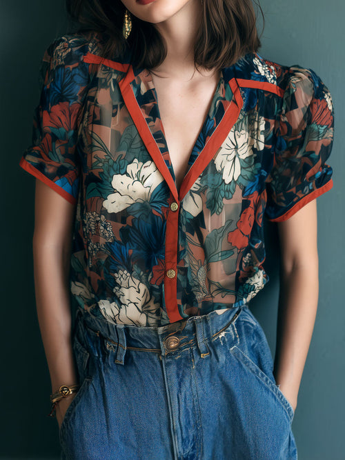 Vintage Sheer Floral Print Blouse with Contrast Trim