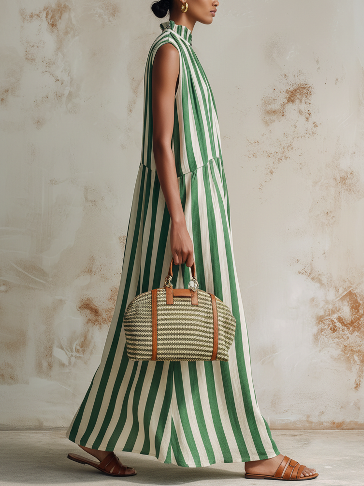 Green and White Striped Sleeveless Maxi Dress with Ruffle Neck