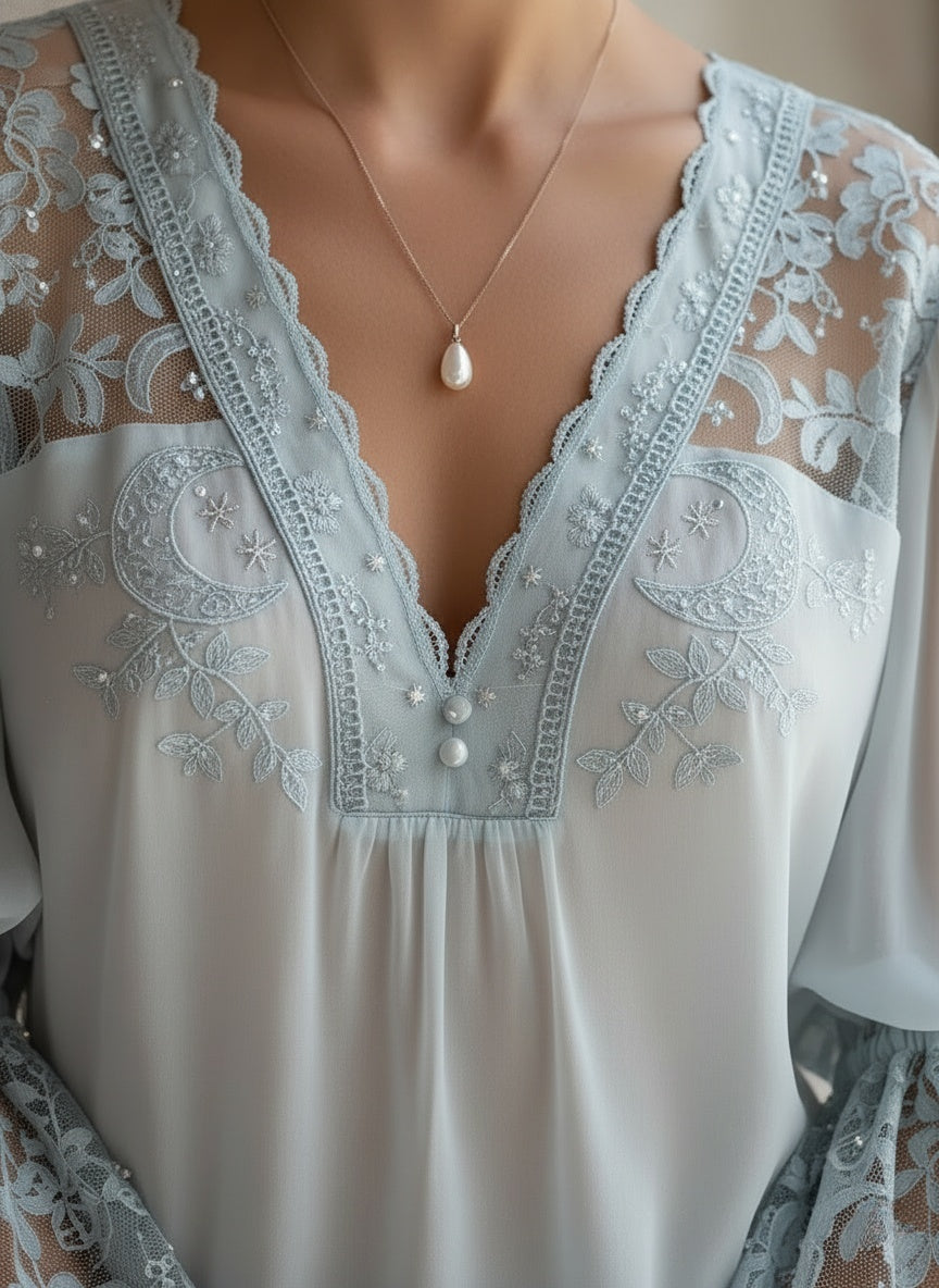 Elegant Powder Blue Lace and Chiffon Blouse with Bell Sleeves