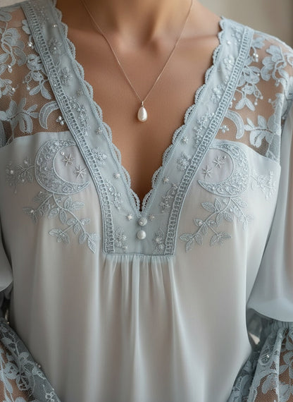 Elegant Powder Blue Lace and Chiffon Blouse with Bell Sleeves