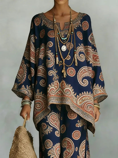 Vintage Ethnic Art Comfortable Loose Cotton Linen Wide-Leg Pants Two-Piece Set