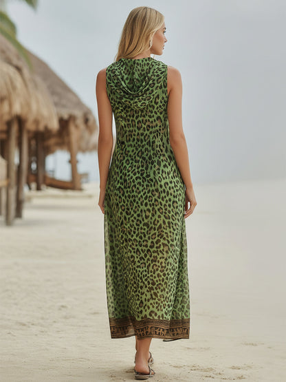Retro Casual Green Leopard Print Art Hooded Midi Dress
