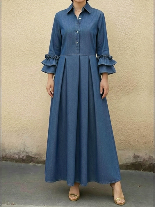 Casual Denim Dress with Ruffled Sleeves