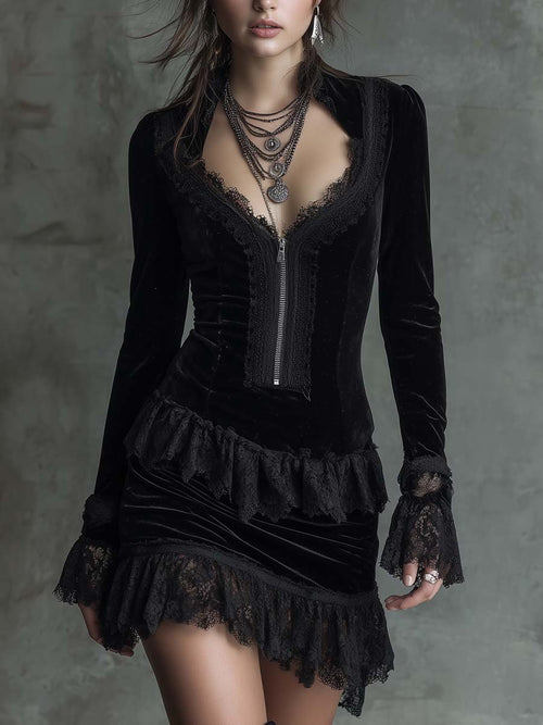 Black Velvet Mini Dress with Lace Trim