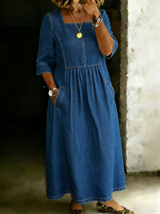 Vintage Square Neck Solid Color Casual Denim Pocket Long Dress