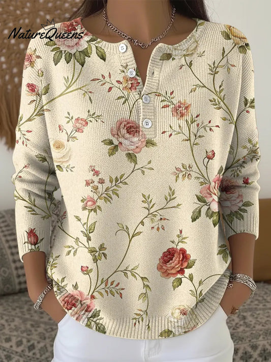 Vintage Floral Print Casual Sweater