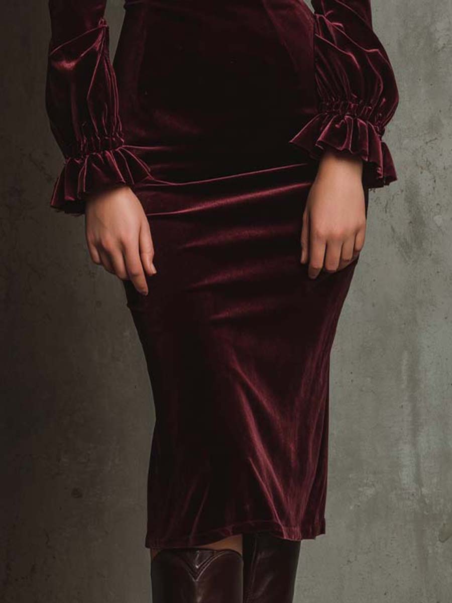 Wine Velvet Off-Shoulder Midi Dress with Lace Trim